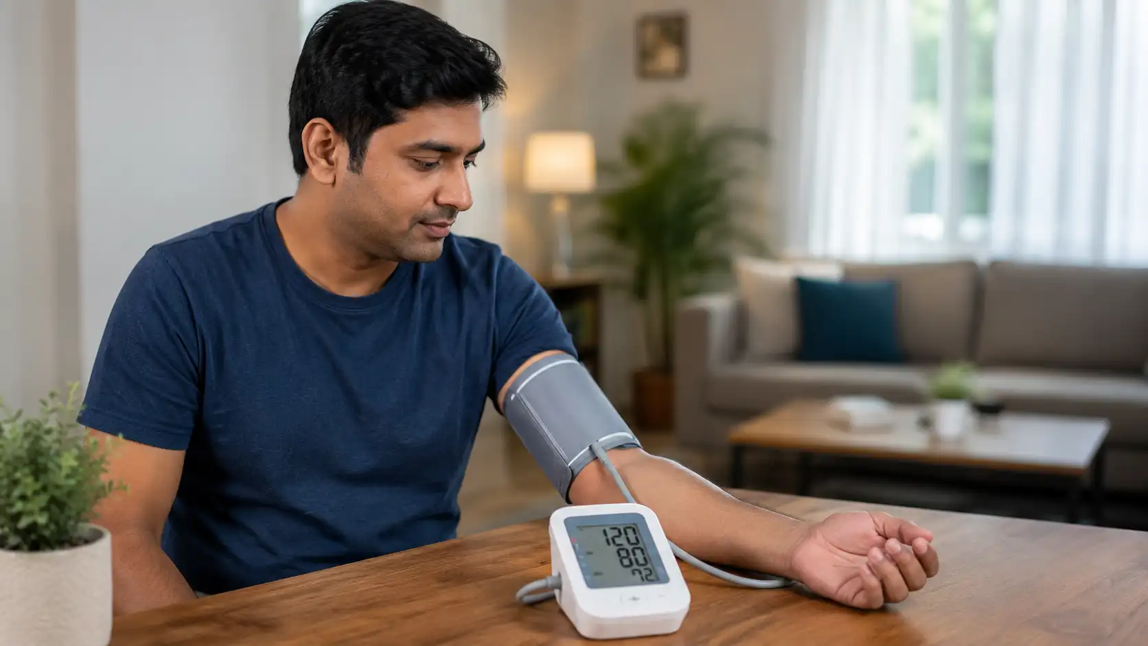 A man seated at a table, using a blood pressure monitoring device at home.
