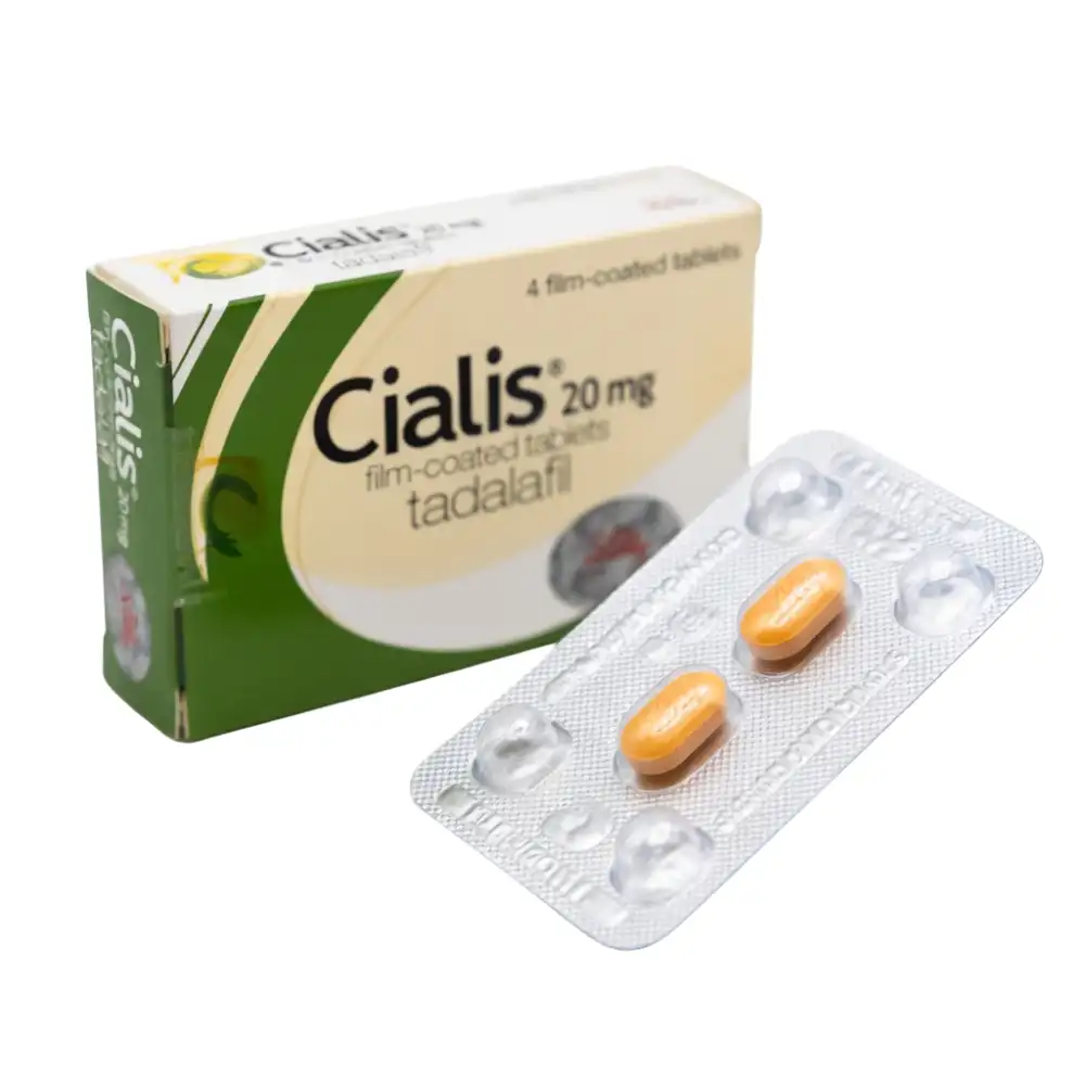 Elevated side perspective of Cialis 20mg tablet box