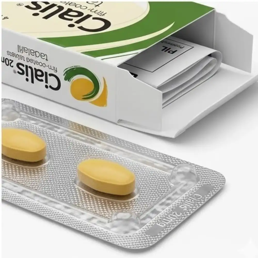 Close-up detail view of an open Cialis 20mg box