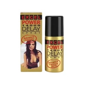 frontal studio shot of the Excel Power 14000 Delay Spray gold