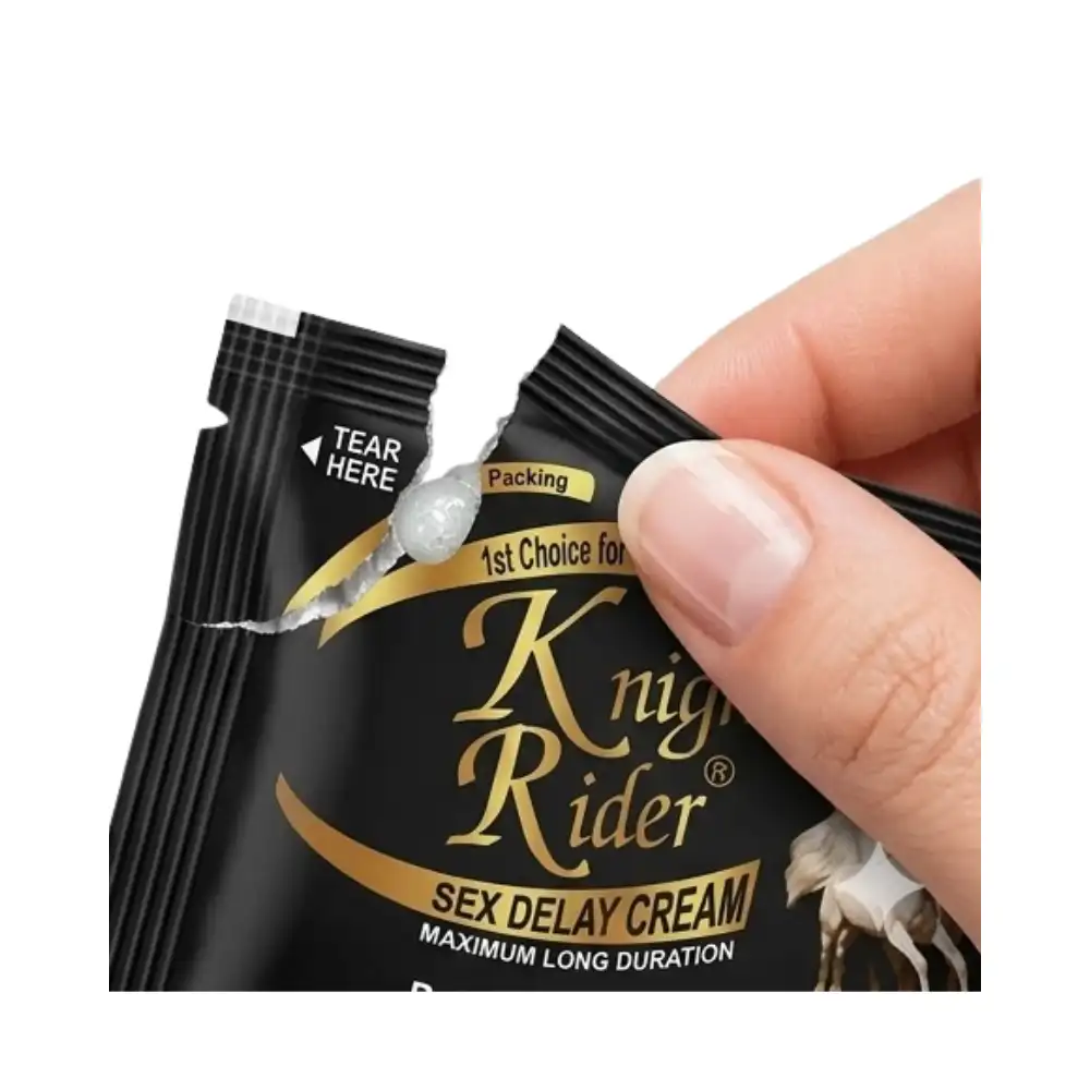hand tearing open the top notch of the Knight Rider sachet