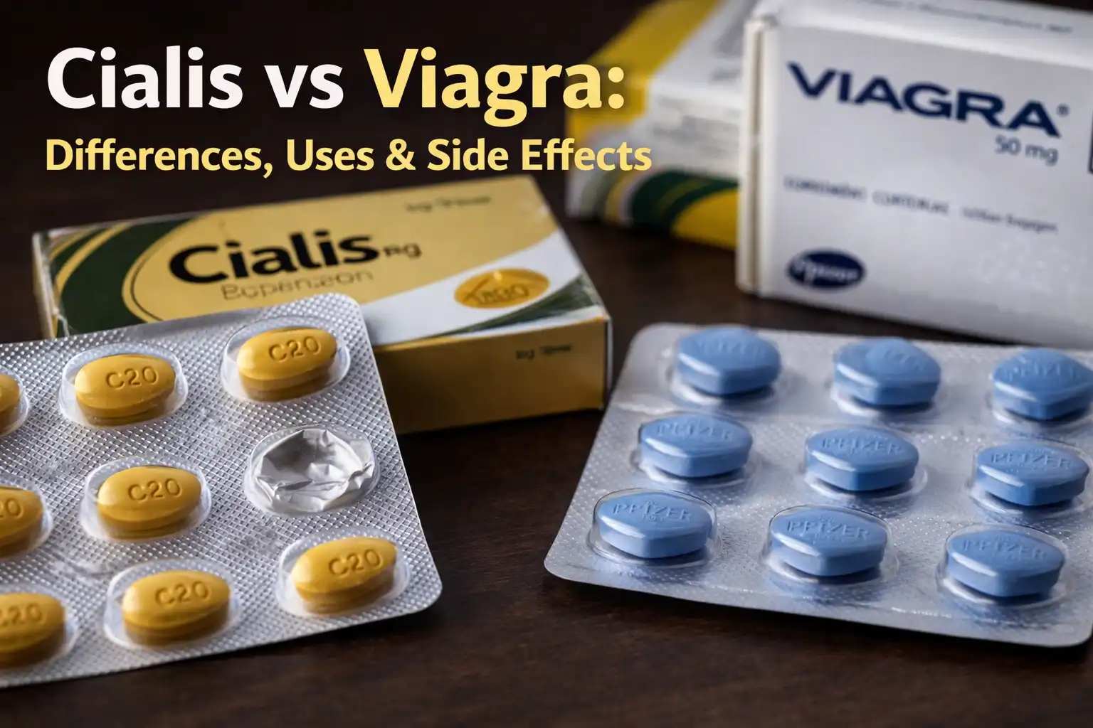 Cialis and Viagra tablets side by side on blister packs
