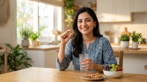 woman holding multivitamin tablet with water in hand